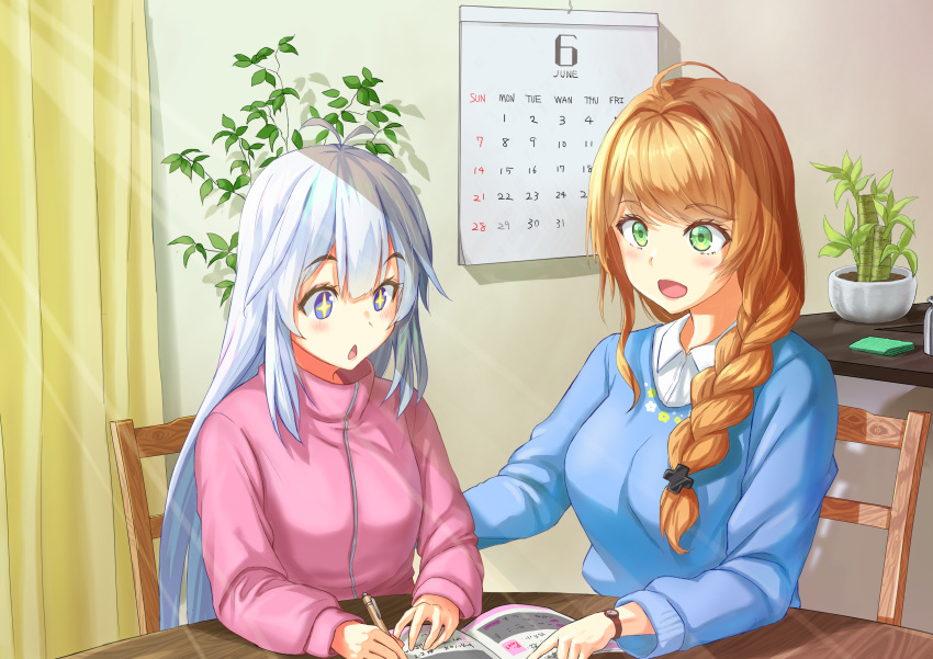2girls absurdres ahoge bangs blonde_hair blue_eyes blue_sweater blush braid braided_ponytail calendar_(object) claire_eikaiwa claire_sensei collared_shirt green_eyes hair_ornament highres indie_virtual_youtuber jacket long_hair marimo_(marimo2468) multiple_girls open_mouth pen plant potted_plant shirt short_braid side_braid silver_hair sitting smile sparkling_eyes sweater vei_(vtuber) virtual_youtuber watch watch white_shirt x_hair_ornament