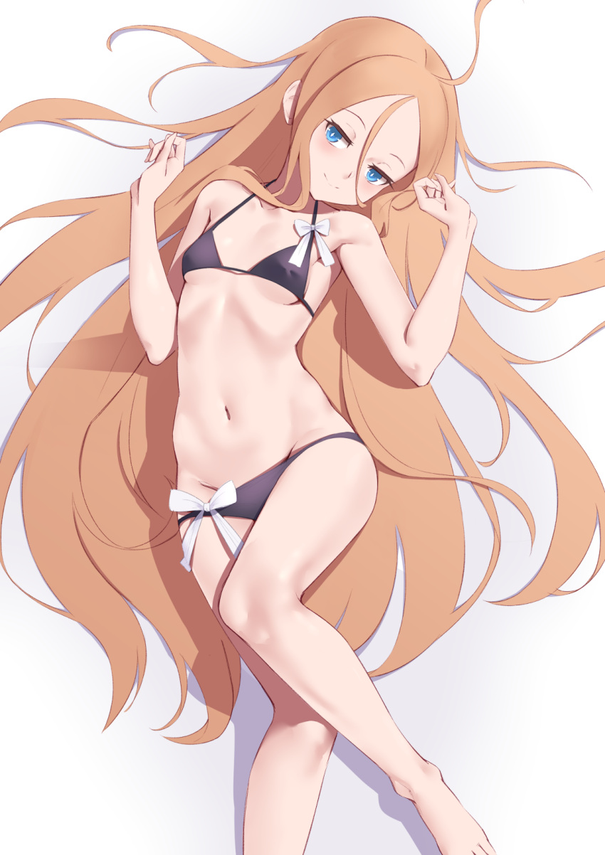 1girl abigail_williams_(fate/grand_order) barefoot bikini black_bikini blonde_hair blue_eyes breasts closed_mouth commentary_request fate/grand_order fate_(series) hair_between_eyes highres jilu long_hair looking_at_viewer lying on_back small_breasts smile solo swimsuit very_long_hair