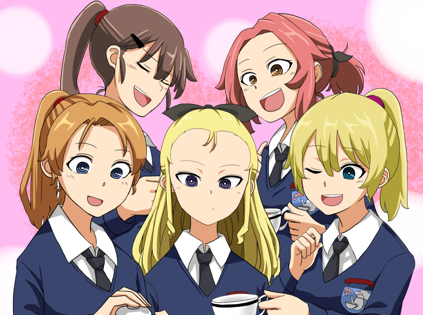 5girls ;d absurdres alternate_hairstyle assam_(girls_und_panzer) black_neckwear black_ribbon blue_eyes blue_sweater brown_eyes brown_hair closed_eyes closed_mouth commentary cup darjeeling_(girls_und_panzer) dress_shirt emblem eyebrows_visible_through_hair girls_und_panzer hair_ornament hair_pulled_back hair_ribbon hair_tie hair_up hairclip highres holding holding_cup holding_teapot light_frown long_hair long_sleeves looking_at_another medium_hair multiple_girls natsume_mina necktie one_eye_closed open_mouth orange_hair orange_pekoe_(girls_und_panzer) ponytail redhead ribbon rosehip_(girls_und_panzer) rukuriri_(girls_und_panzer) school_uniform shirt short_hair sidelocks smile st._gloriana's_(emblem) st._gloriana's_school_uniform sweater tea teacup teapot v-neck white_shirt wing_collar
