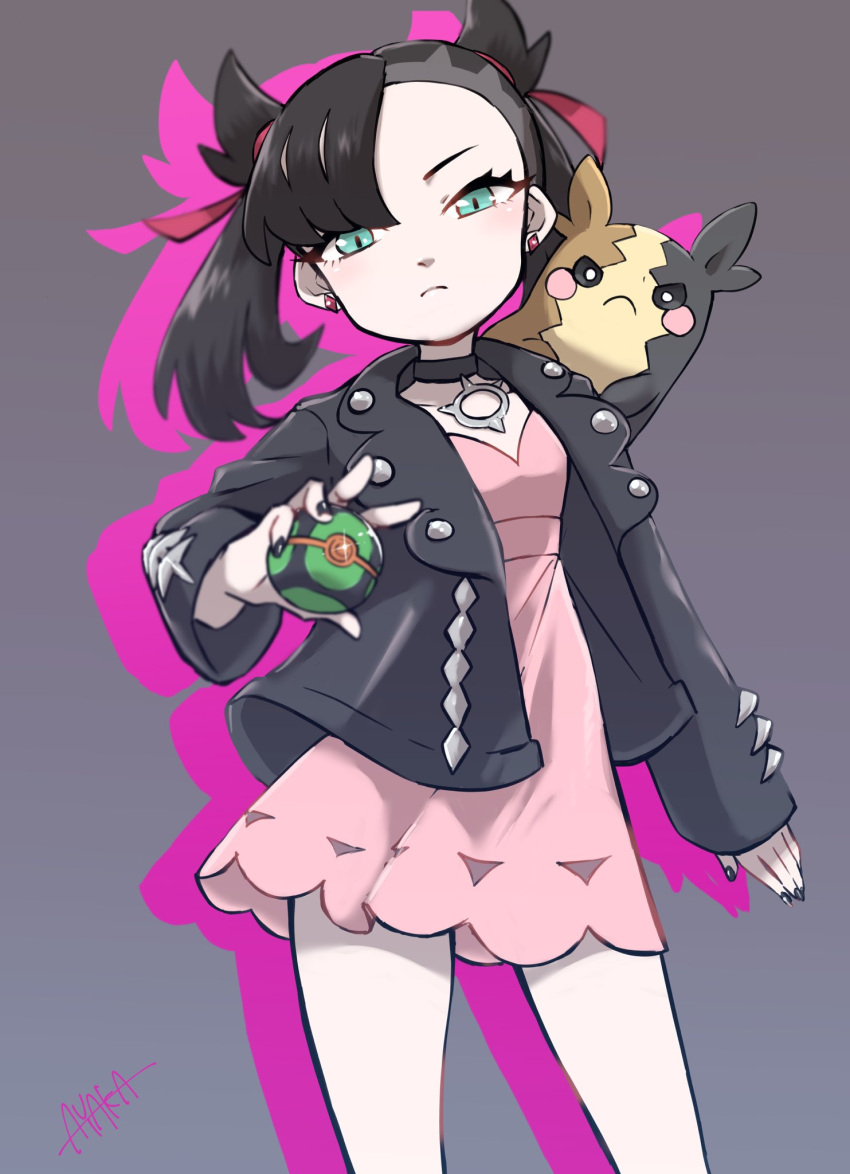 1girl asymmetrical_bangs ayakadegozans bangs black_choker black_hair black_jacket black_nails choker closed_mouth commentary_request dress dusk_ball earrings eyelashes gen_8_pokemon green_eyes hair_ribbon highres holding holding_poke_ball jacket jewelry long_sleeves looking_at_viewer marnie_(pokemon) morpeko morpeko_(full) nail_polish open_clothes pink_dress poke_ball pokemon pokemon_(creature) pokemon_(game) pokemon_swsh red_ribbon ribbon