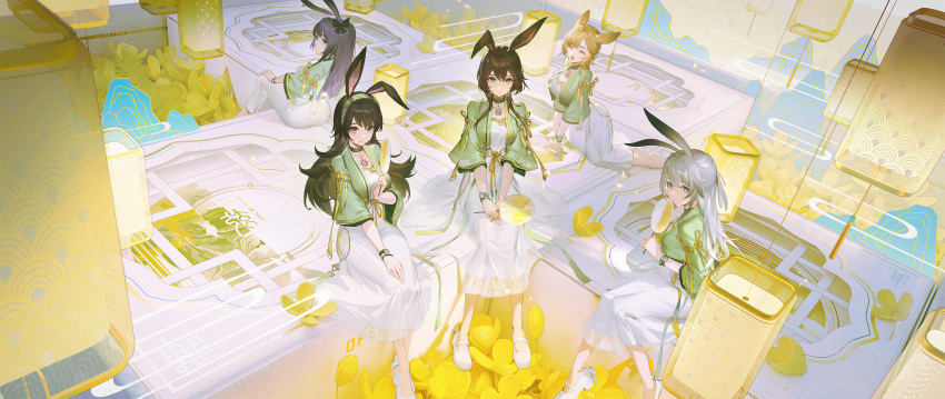 5girls :d :q absurdres alternate_costume amiya_(arknights) animal_ears april_(arknights) arknights black_hair blonde_hair blue_eyes brown_hair closed_eyes closed_mouth collar commentary_request dacheng_ad flower green_collar green_shirt grey_hair hand_fan highres holding holding_fan kroos_(arknights) kroos_the_keen_glint_(arknights) lantern long_hair looking_at_viewer looking_back mary_janes matching_outfits mountain multiple_girls paper_lantern purple_hair rabbit_ears rabbit_girl rope_(arknights) savage_(arknights) shirt shoes sitting skirt sleeves_past_elbows smile tongue tongue_out violet_eyes watch watch white_footwear white_skirt wide_shot yellow_eyes yellow_flower