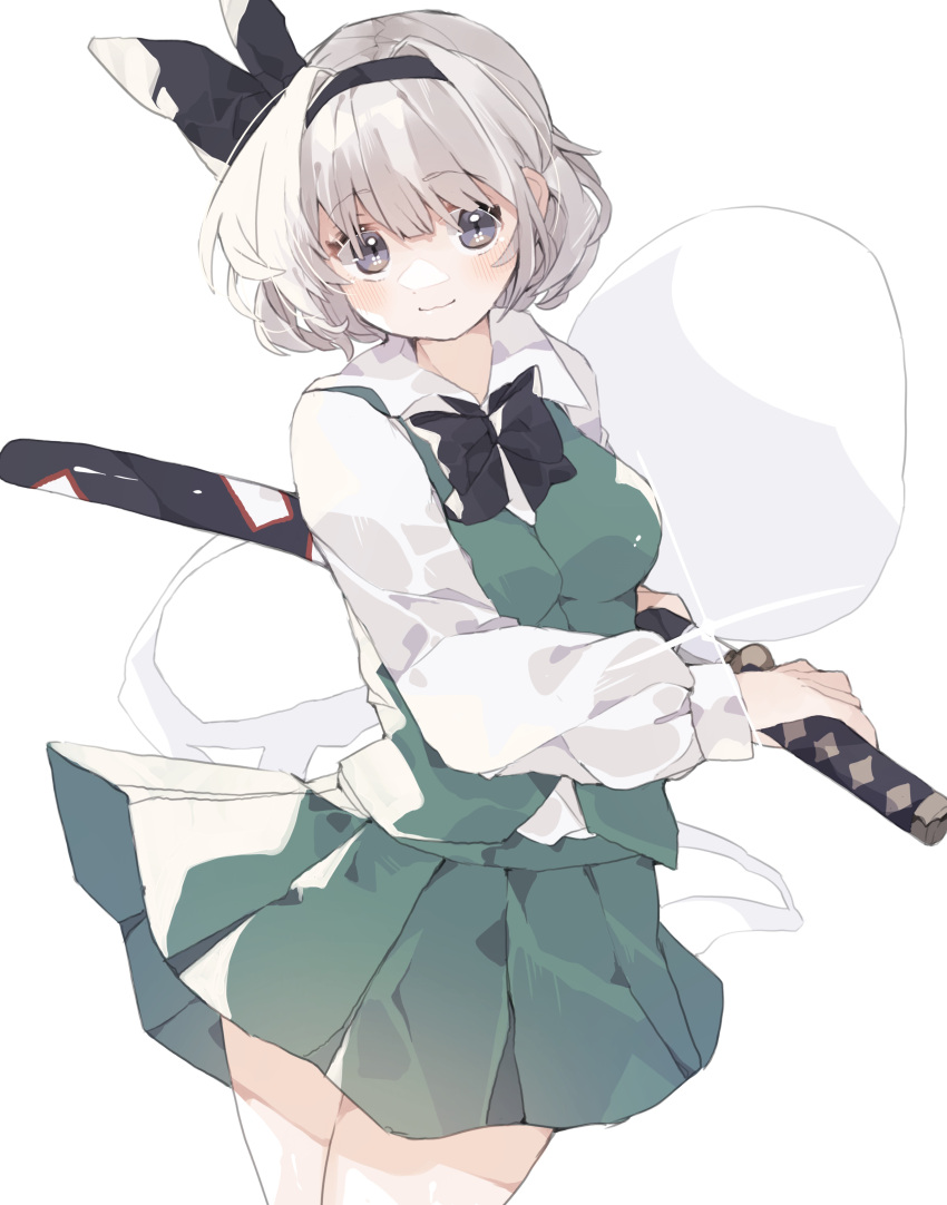 1girl :3 absurdres bangs black_bow black_hairband black_ribbon blue_eyes blush bob_cut bow breasts closed_mouth collared_shirt commentary eyebrows_visible_through_hair glint gominami green_skirt green_vest grey_eyes grey_hair hair_bow hair_intakes hair_ribbon hairband highres hitodama holding holding_sheath holding_sword holding_weapon katana konpaku_youmu konpaku_youmu_(ghost) looking_at_viewer medium_breasts miniskirt myon_(phrase) pleated_skirt puffy_short_sleeves puffy_sleeves ribbon scabbard sheath shirt short_hair short_sleeves silver_hair simple_background skirt skirt_lift skirt_set smile solo sword touhou unsheathing vest weapon white_background white_shirt