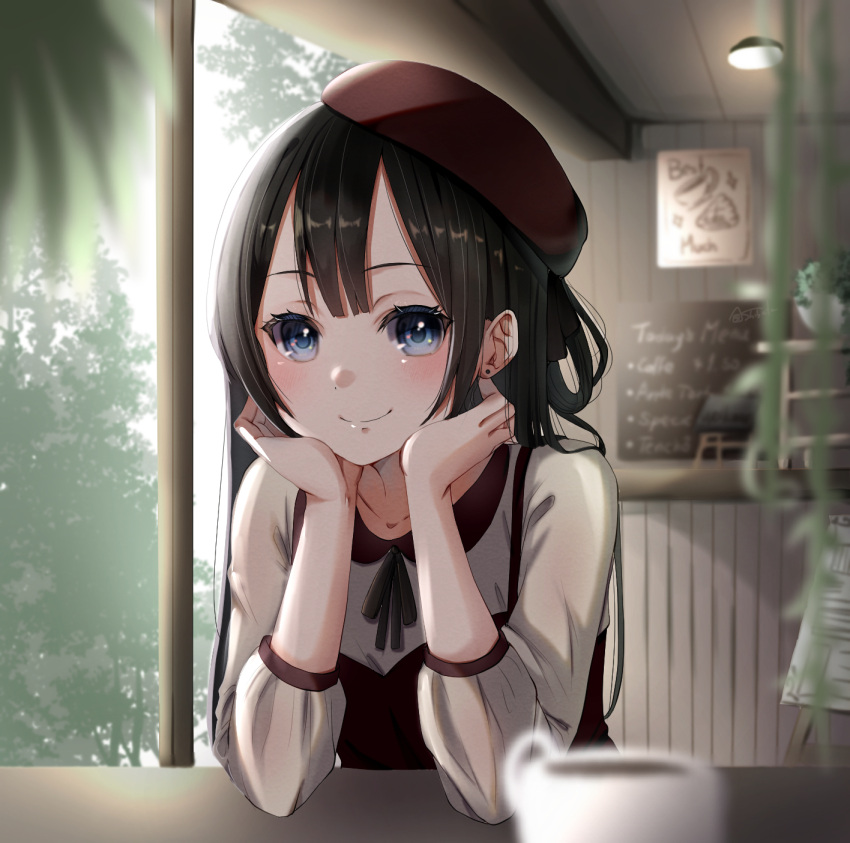 1girl beret blue_eyes blurry blush brown_hair cafe chin_rest cup depth_of_field earrings elbows_on_table hair_rings hat highres jewelry long_hair looking_at_viewer onigirisss original restaurant smile solo