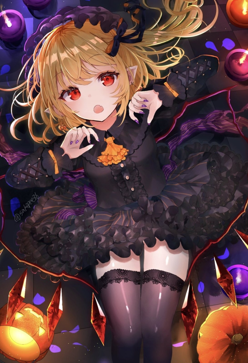 1girl :o alternate_costume arms_up black_headwear black_legwear black_shirt black_skirt blonde_hair breasts candle commentary cravat eyebrows_visible_through_hair fang feet_out_of_frame fingernails flandre_scarlet frilled_skirt frills from_above hair_ribbon hairband halloween highres jack-o'-lantern lace-trimmed_legwear lace_trim light_particles lolita_hairband long_sleeves looking_at_viewer lying nail_polish on_back on_floor one_side_up orange_neckwear pointy_ears purple_nails red_eyes ribbon sakizaki_saki-p sharp_fingernails shirt short_hair skin_fang skirt small_breasts solo striped striped_skirt thigh-highs tile_floor tiles touhou twitter_username wings