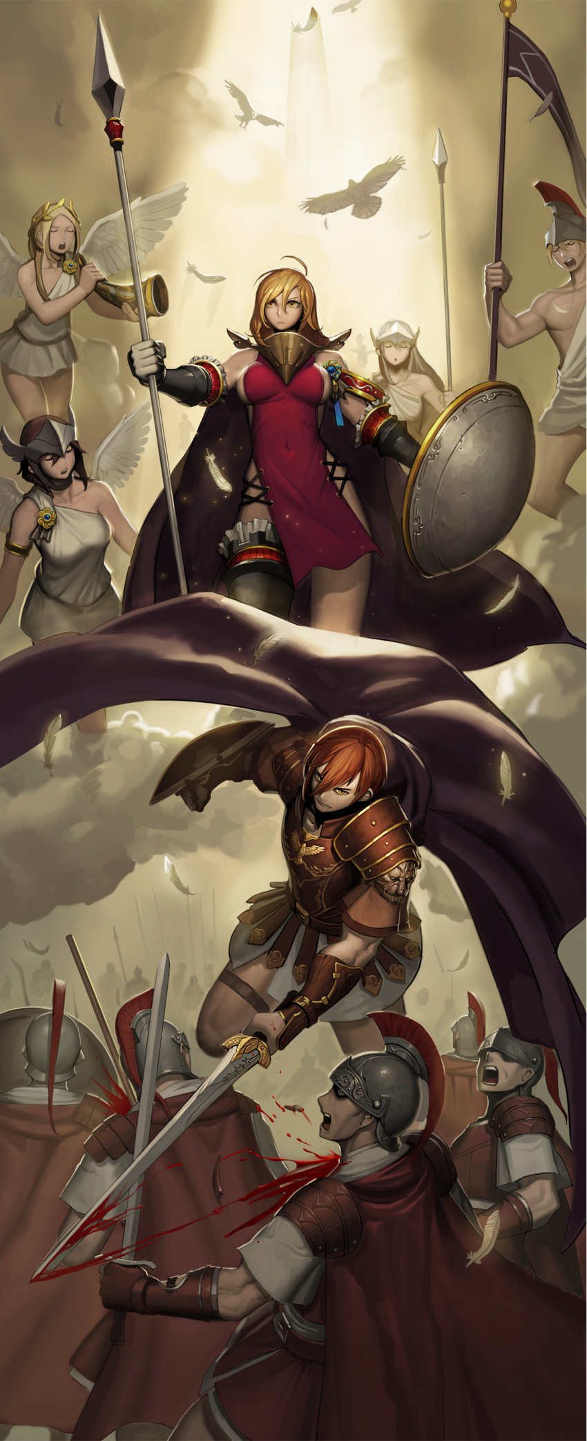 4girls 6+others absurdres angel angel_wings armlet armor bare_shoulders battle belt bird black_choker blonde_hair blood bloody_hands bloody_weapon breastplate brown_hair cain_(gunnermul) cape choker closed_eyes clouds collarbone covered_navel feathers fingernails flag flying frills gloves hair_between_eyes helmet highres holding holding_flag holding_polearm holding_spear holding_sword holding_weapon horn_(instrument) laurel_crown long_hair multiple_girls multiple_others open_mouth orange_hair original parted_lips pauldrons polearm purple_cape red_cape shield short_hair shoulder_armor spear swing sword teeth thigh_strap tongue vambraces weapon white_gloves wings yellow_eyes