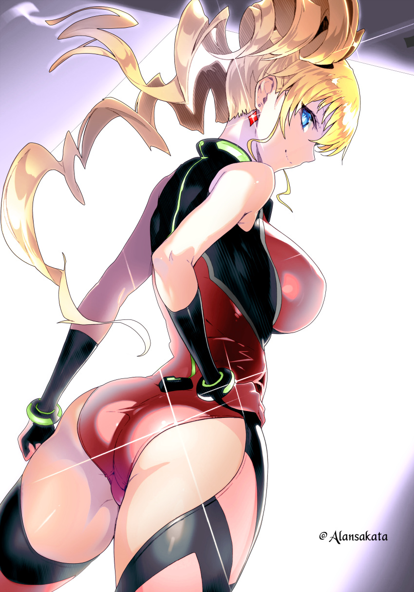 1girl absurdres alansakata artist_name ass blonde_hair blue_eyes breasts claire_harvey drill_hair earrings from_behind gloves highres hundred jewelry large_breasts leotard long_hair looking_at_viewer looking_back pinup_(style) red_leotard shiny shiny_clothes skin_tight smile solo twin_drills