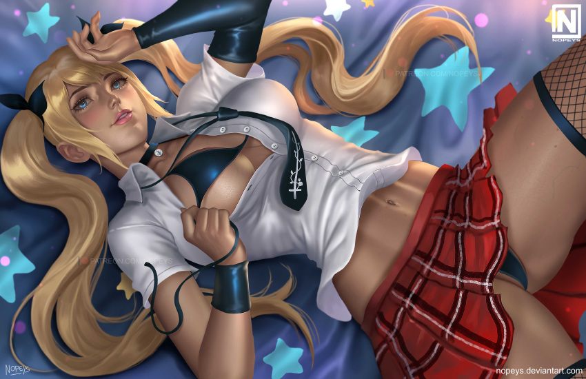 1girl absurdres bikini blonde_hair blue_eyes dead_or_alive dead_or_alive_5 highres long_hair looking_at_viewer lying marie_rose navel norman_de_mesa open_clothes panties school_uniform skirt solo star_(symbol) star_print swimsuit twintails underwear