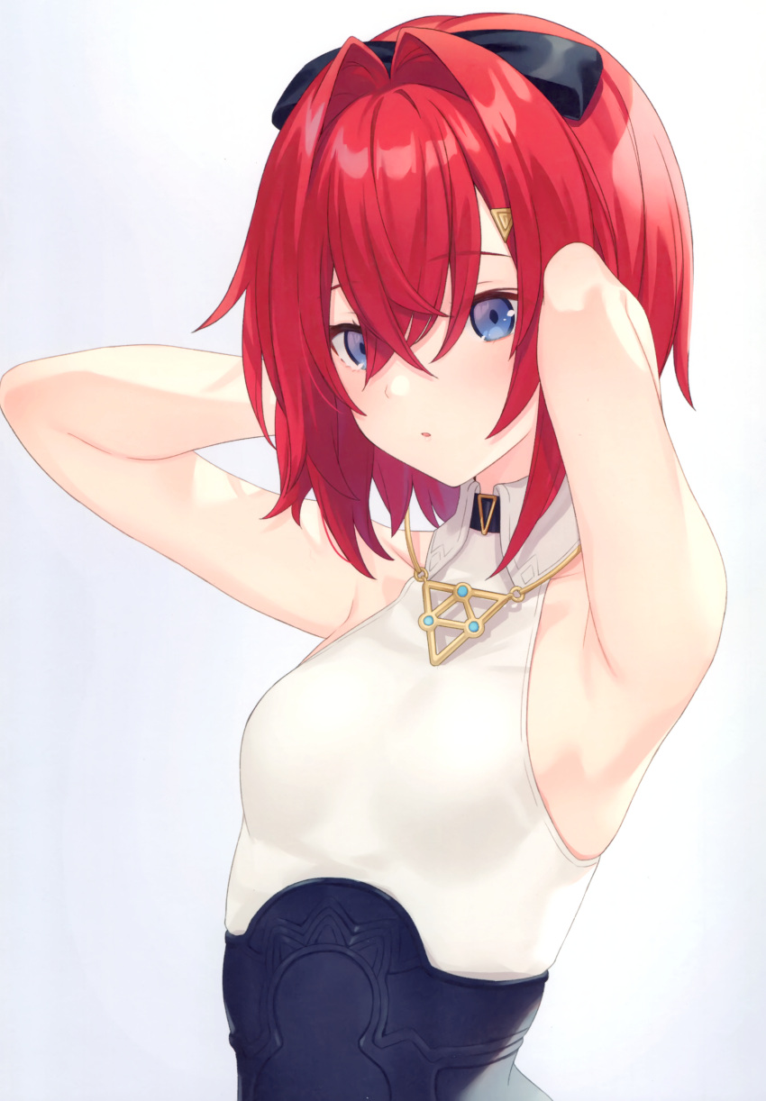 1girl absurdres ange_katrina armpits arms_behind_head arms_up bare_arms bare_shoulders black_choker blue_eyes bow breasts choker collared_shirt gradient gradient_background hair_bow hair_intakes hair_ornament highres jimmy_madomagi looking_at_viewer nijisanji parted_lips redhead scan shirt short_hair sleeveless sleeveless_shirt small_breasts solo underbust upper_body virtual_youtuber white_background white_shirt
