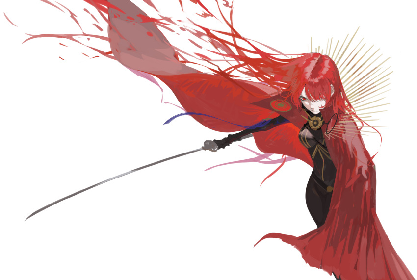 1girl absurdres bangs billowing_cape black_bodysuit bodysuit breasts cape closed_mouth commentary determined dutch_angle fate/grand_order fate_(series) frown hair_over_one_eye highres holding holding_sword holding_weapon katana looking_at_viewer medium_breasts nizle oda_nobunaga_(fate)_(all) oda_nobunaga_(maou_avenger)_(fate) pale_skin red_cape red_eyes redhead simple_background solo standing sword weapon white_background white_skin