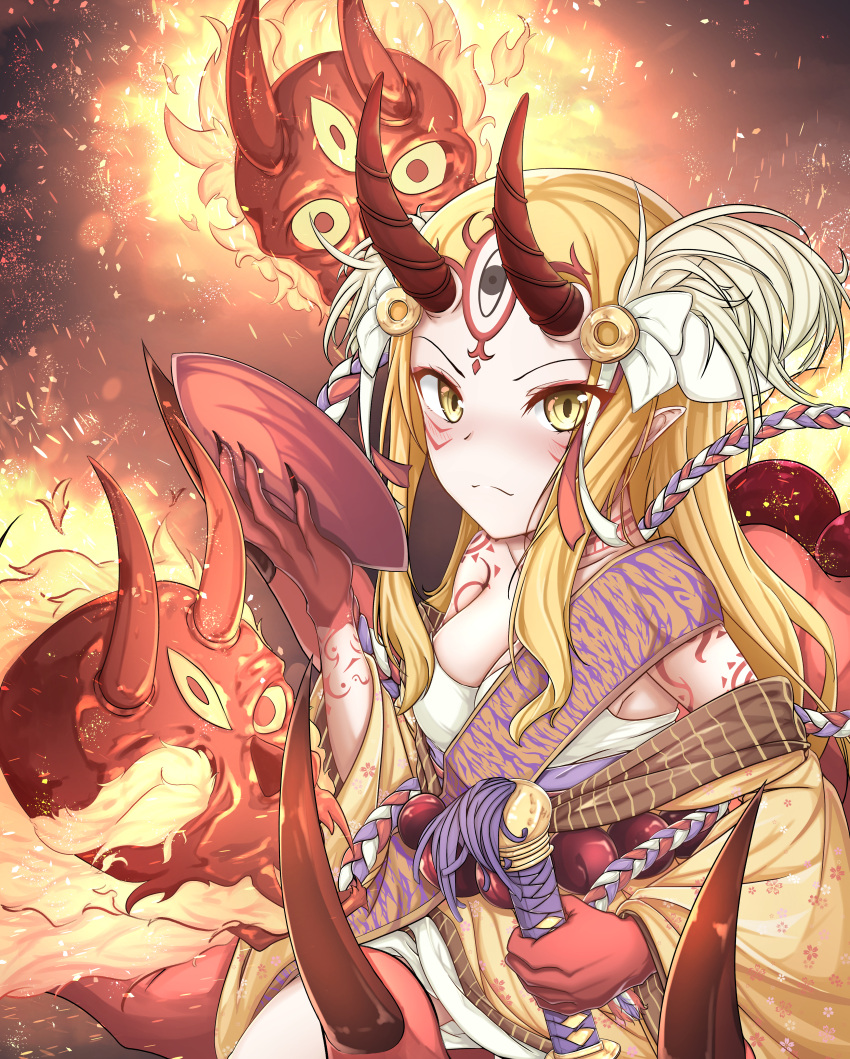 1girl absurdres breasts facial_mark fangs fate/grand_order fate_(series) fingernails forehead_mark highres holding holding_sword holding_weapon horns huge_filesize ibaraki_douji_(fate/grand_order) japanese_clothes kimono long_hair off_shoulder oni oni_horns pointy_ears print_kimono sharp_fingernails skull small_breasts solo sword tattoo weapon wide_sleeves yellow_eyes yellow_kimono yjgo_pp