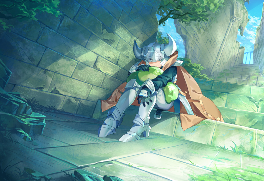 1boy black_gloves blue_sky boots brown_cape cape closed_mouth day gloves grass green_eyes helmet high_heel_boots high_heels highres horned_helmet knee_pads long_sleeves metal_boots original outdoors ruins shichigatsu sitting sky slime smile solo stairs tree