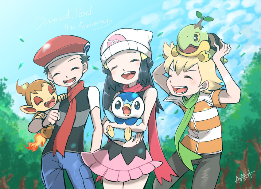1girl 2boys artist_name ayakadegozans barry_(pokemon) beanie black_hair chimchar closed_eyes clouds commentary_request hikari_(pokemon) day eyelashes fire flame gen_4_pokemon green_scarf hair_ornament hairclip hat highres holding holding_pokemon leaves_in_wind lucas_(pokemon) multiple_boys on_head open_mouth outdoors pants piplup pokemon pokemon_(creature) pokemon_(game) pokemon_dppt pokemon_on_head red_headwear red_scarf scarf short_sleeves sky smile starter_pokemon_trio teeth tongue tree turtwig watermark white_headwear