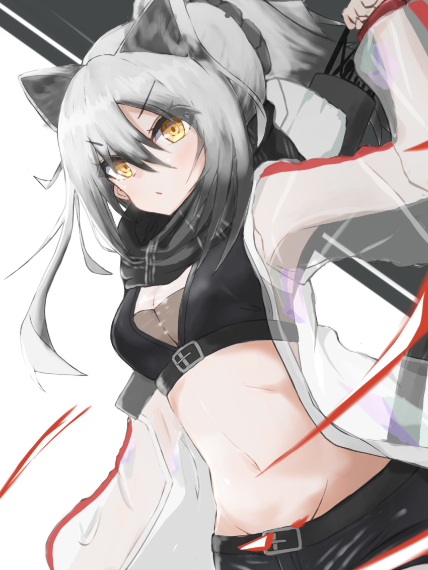 1girl animal_ears arknights arm_up bangs breasts cat_ears commentary crop_top eyebrows_visible_through_hair groin hair_between_eyes highres jacket long_hair looking_at_viewer matchadzuke medium_breasts midriff navel open_clothes open_jacket quiver schwarz_(arknights) see-through silver_hair simple_background solo stomach upper_body v-shaped_eyebrows white_background yellow_eyes