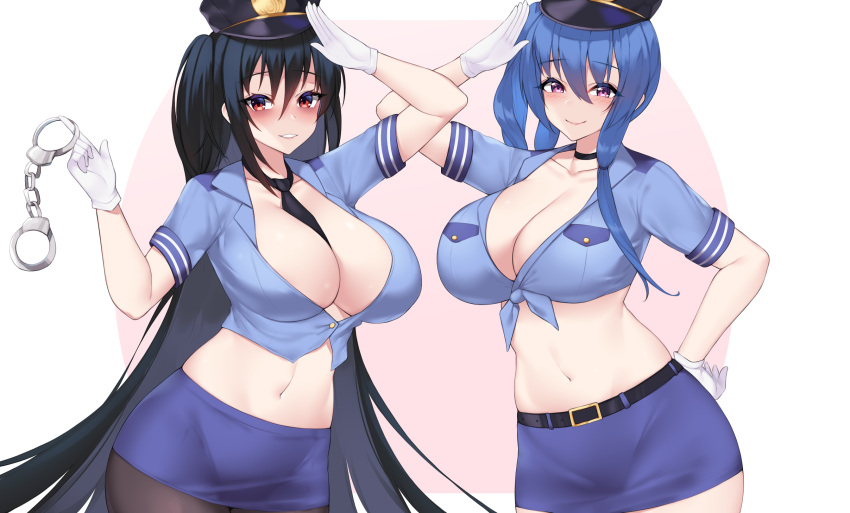 2girls arm_up azur_lane bangs belt between_breasts black_hair black_headwear black_legwear black_neckwear blue_hair blue_shirt blue_skirt breasts choker closed_mouth collarbone commentary cowboy_shot cuffs gloves hair_between_eyes hand_on_hip hand_up handcuff_dangle handcuffs hat highres kuavera long_hair multiple_girls navel necktie necktie_between_breasts pantyhose parted_lips pink_background pink_eyes police police_hat police_uniform red_eyes shirt short_sleeves skirt smile st._louis_(azur_lane) taihou_(azur_lane) tied_shirt uniform very_long_hair white_background white_gloves