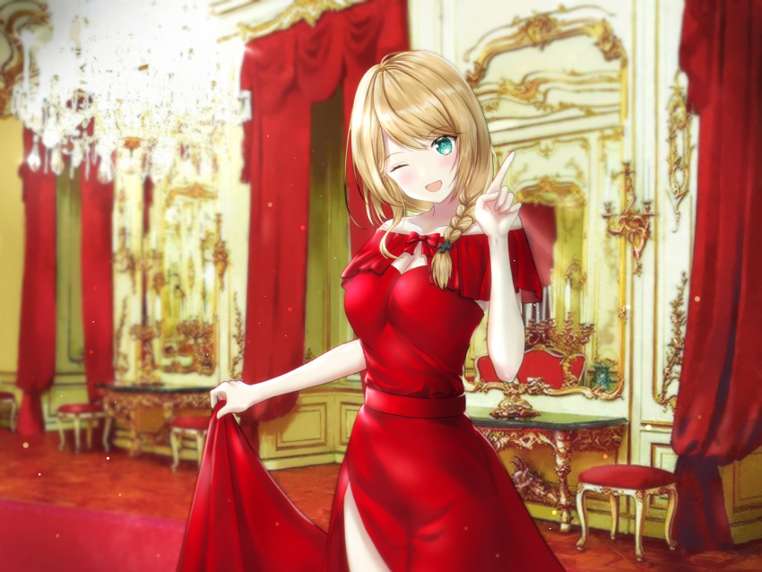 1girl bangs blonde_hair blush braid braided_ponytail breasts claire_eikaiwa claire_sensei collarbone dress formal long_dress looking_at_viewer one_eye_closed red_dress side_braid side_slit skirt_hold solo tim86231 virtual_youtuber