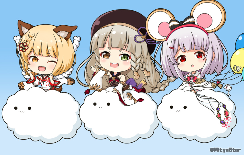3girls :3 :d :o ;d animal animal_ears balloon bangs bare_shoulders blonde_hair blue_background blush bow braid brown_dress brown_eyes brown_hair brown_headwear chibi closed_eyes closed_mouth clouds commentary_request detached_sleeves dog_ears dress erune eyebrows_visible_through_hair fang gradient gradient_background granblue_fantasy green_eyes grey_hair hair_bow hair_ornament hairclip hands_up hat heart heterochromia holding holding_balloon long_hair long_sleeves looking_at_viewer miicha mouse_ears multiple_girls notice_lines one_eye_closed open_mouth outstretched_arm parted_lips pholia red_bow red_eyes shirt short_eyebrows sleeveless sleeveless_dress sleeveless_shirt sleeves_past_wrists smile solid_circle_eyes striped striped_bow sweat thick_eyebrows twitter_username upper_teeth v-shaped_eyebrows vajra_(granblue_fantasy) very_long_hair vikala_(granblue_fantasy) white_shirt white_sleeves white_wolf wide_sleeves wolf
