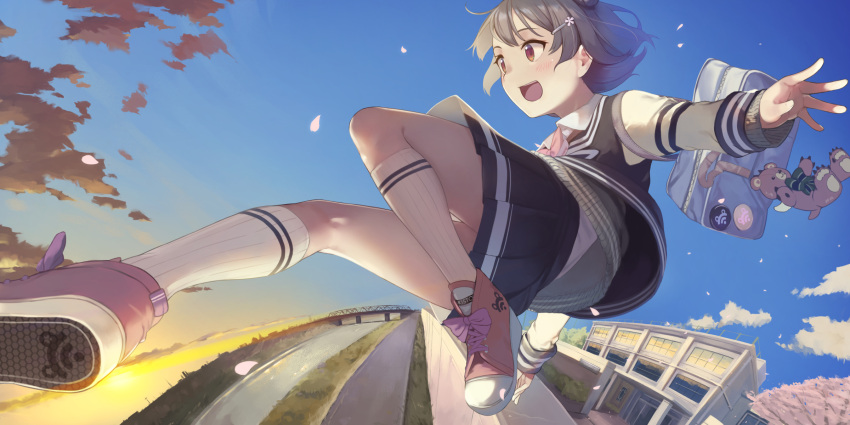 1girl badge bag blazer blue_skirt blue_sky building character_doll cherry_blossoms clouds commentary double_bun falling_petals fisheye flying grey_hair grey_sweater hair_ornament hairclip highres jacket jumping kneehighs koharu_rikka kuz lakiston miniskirt open_mouth outstretched_arm petals pink_footwear pleated_skirt red_eyes ribbed_sweater river school school_uniform shoes short_hair shoulder_bag skirt sky smile sneakers solo stuffed_animal stuffed_toy sweater teddy_bear twilight voiceroid