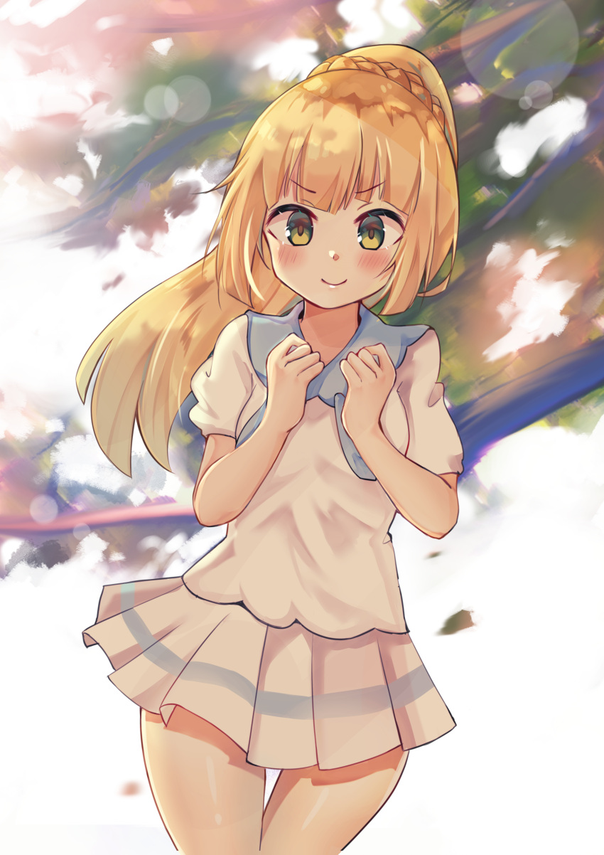 1girl absurdres bangs blonde_hair blurry blurry_background blush closed_mouth commentary eyebrows_visible_through_hair floating_hair green_eyes hands_up highres leaves_in_wind lens_flare lillie_(pokemon) long_hair looking_at_viewer pleated_skirt pokemon pokemon_(game) pokemon_sm saki_(14793221) shiny shiny_skin short_sleeves skirt smile solo