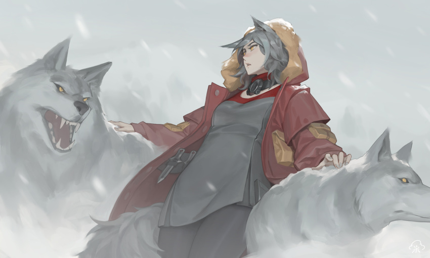 1girl absurdres animal animal_ears arknights blizzard breasts chen_zhang coat fangs fur-trimmed_hood fur-trimmed_jacket fur_trim glowing glowing_eyes grey_hair grey_wolf highres hood hooded_jacket jacket mask_around_neck medium_breasts open_mouth outdoors petting projekt_red_(arknights) red_coat red_jacket red_scarf scarf snow snowing tail wolf wolf_ears wolf_girl wolf_tail yellow_eyes