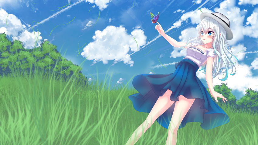 1girl absurdres arm_up bangs bare_arms blue_bow blue_dress blue_eyes blue_sky blush bow bug butterfly butterfly_on_finger clouds cloudy_sky colored_tips commission commissioner_upload dress eyebrows_visible_through_hair forest ganerz grass hair_between_eyes hat highres insect light_blue_hair long_hair multicolored multicolored_clothes multicolored_dress multicolored_hair nature sidelocks sky solo two-tone_hair white_dress white_hair white_headwear yasui_fuyu