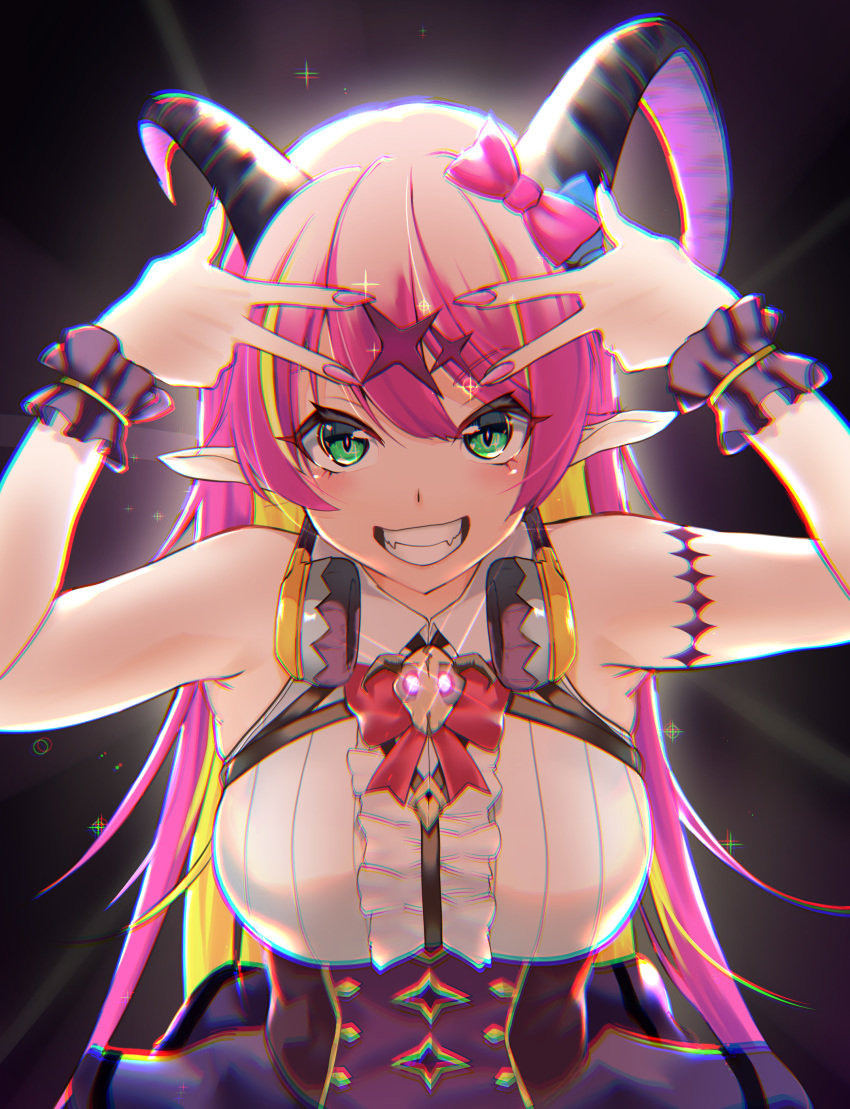 1girl absurdres asymmetrical_horns black_background blonde_hair bow bowtie breasts chromatic_aberration clenched_teeth curled_horns eyebrows_visible_through_hair fangs fingernails green_eyes hair_bow hair_ornament hands_up highres hololive horns large_breasts long_hair looking_at_viewer mano_aloe multicolored_hair nail_polish pink_bow pink_hair pointy_ears red_neckwear shikioriori_(siki_mim) shirt simple_background skull sleeveless sleeveless_shirt smile solo teeth two-tone_hair virtual_youtuber white_shirt wrist_cuffs
