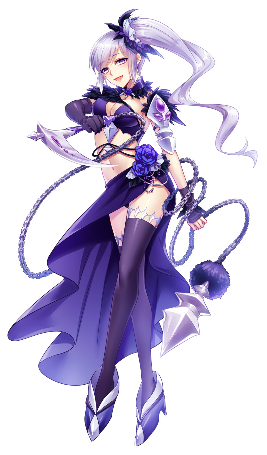 1girl black_legwear breasts chain flower highres holding holding_weapon itsuki_jun large_breasts long_hair looking_at_viewer navel original purple_flower purple_rose rose silver_hair simple_background smile solo thigh-highs violet_eyes weapon white_background