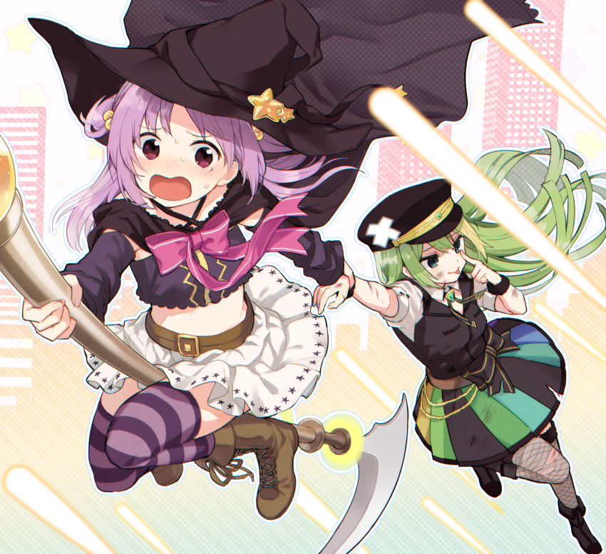 2girls :p alina_gray bandaid black_footwear black_headwear blush boots boyano brown_footwear cross-laced_footwear dirty dirty_clothes dirty_face fishnet_legwear fishnets green_eyes green_hair grey_legwear hat highres knee_boots lace-up_boots long_hair magia_record:_mahou_shoujo_madoka_magica_gaiden mahou_shoujo_madoka_magica midriff misono_karin multicolored multicolored_clothes multicolored_skirt multiple_girls open_mouth puffy_short_sleeves puffy_sleeves purple_hair purple_legwear riding scythe short_sleeves skirt smile soul_gem striped striped_legwear thigh-highs tongue tongue_out torn_clothes torn_legwear two_side_up violet_eyes white_skirt witch_hat zettai_ryouiki