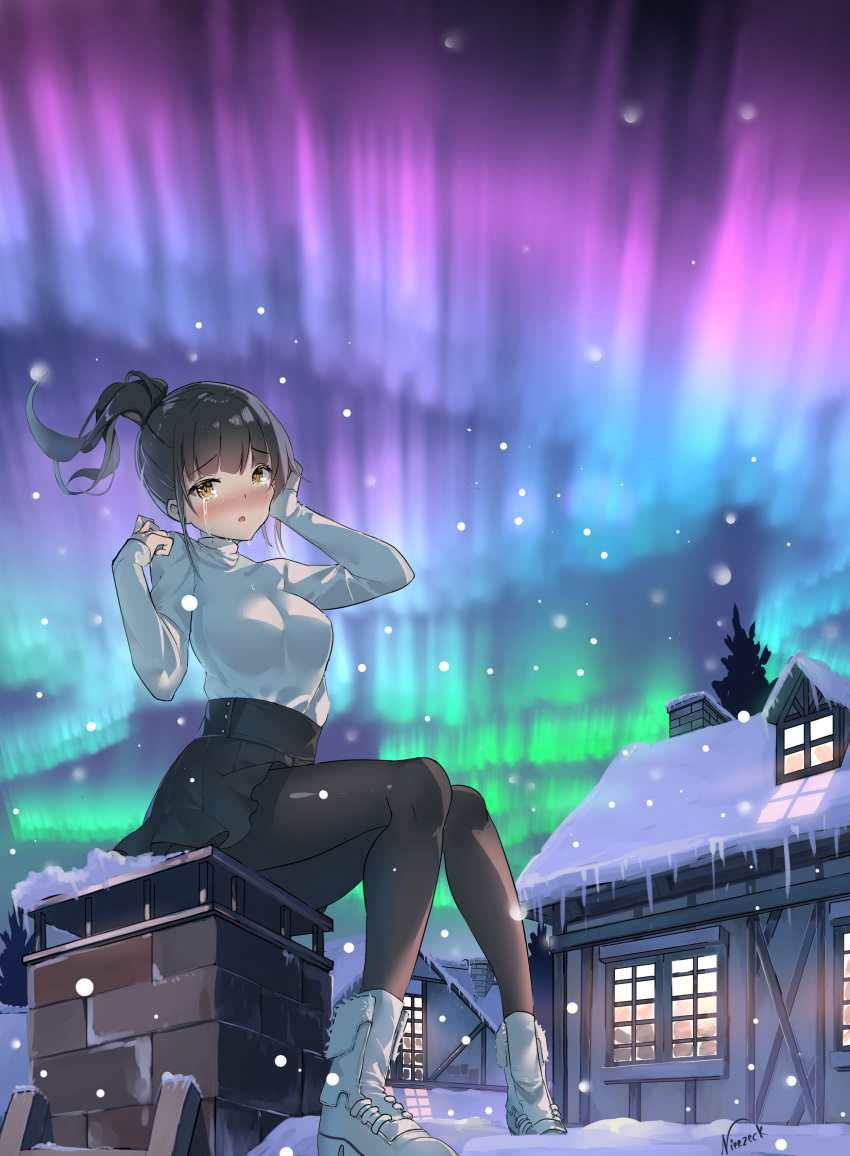 1girl absurdres aurora boots cabin crying hand_on_own_head highres ice long_hair multicolored multicolored_background new_year original ponytail snowing sweater thigh-highs tree vierzeck winter yellow_eyes