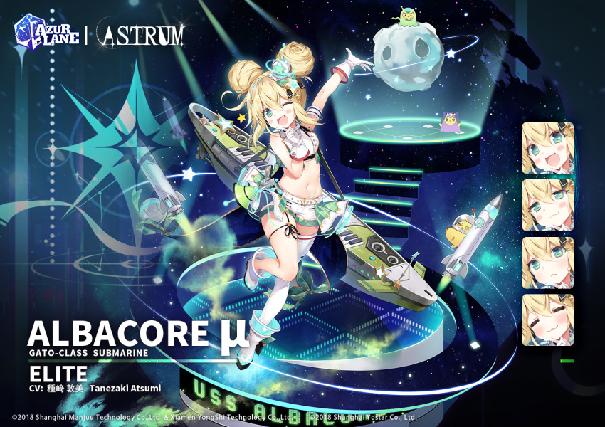 1girl ;d albacore_(azur_lane) albacore_(muse)_(azur_lane) arm_up armband azur_lane bare_arms bare_shoulders belt blonde_hair boots byulzzi crop_top double_bun full_body garter_straps gloves green_eyes green_vest hair_ornament idol long_hair looking_at_viewer machinery megaphone midriff navel official_art one_eye_closed open_mouth rocket shirt short_shorts shorts single_thighhigh sleeveless sleeveless_shirt smile solo stomach thigh-highs thighs vest white_footwear white_gloves white_legwear white_shirt white_shorts