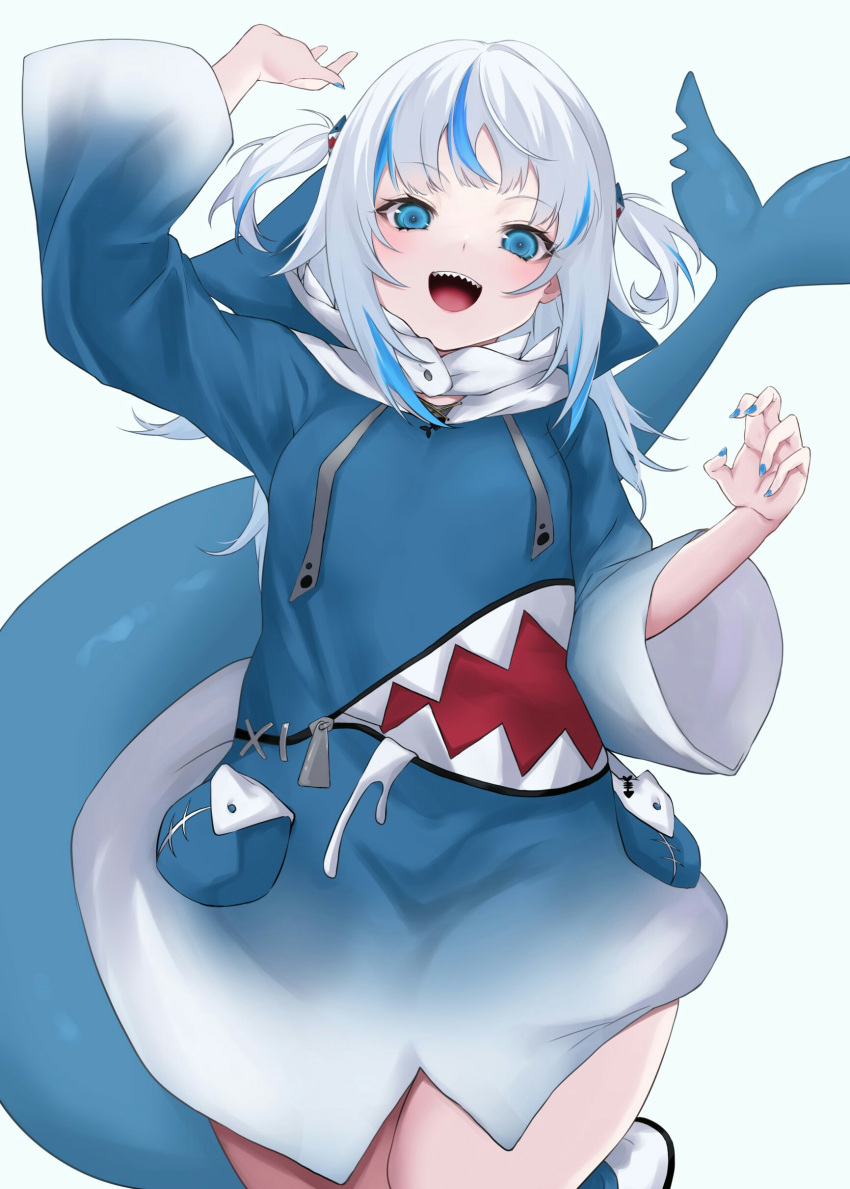 1girl :d absurdres arms_up bangs blue_background blue_eyes blue_hoodie blue_legwear blush fish_tail from_below gawr_gura highlights highres hololive hololive_english hood hoodie long_hair long_sleeves looking_at_viewer multicolored_hair na-code_(gurich) nail_polish open_mouth pocket shark_girl shark_tail sharp_teeth sidelocks simple_background smile socks solo tail teeth twintails upper_teeth virtual_youtuber white_footwear white_hair wide_sleeves