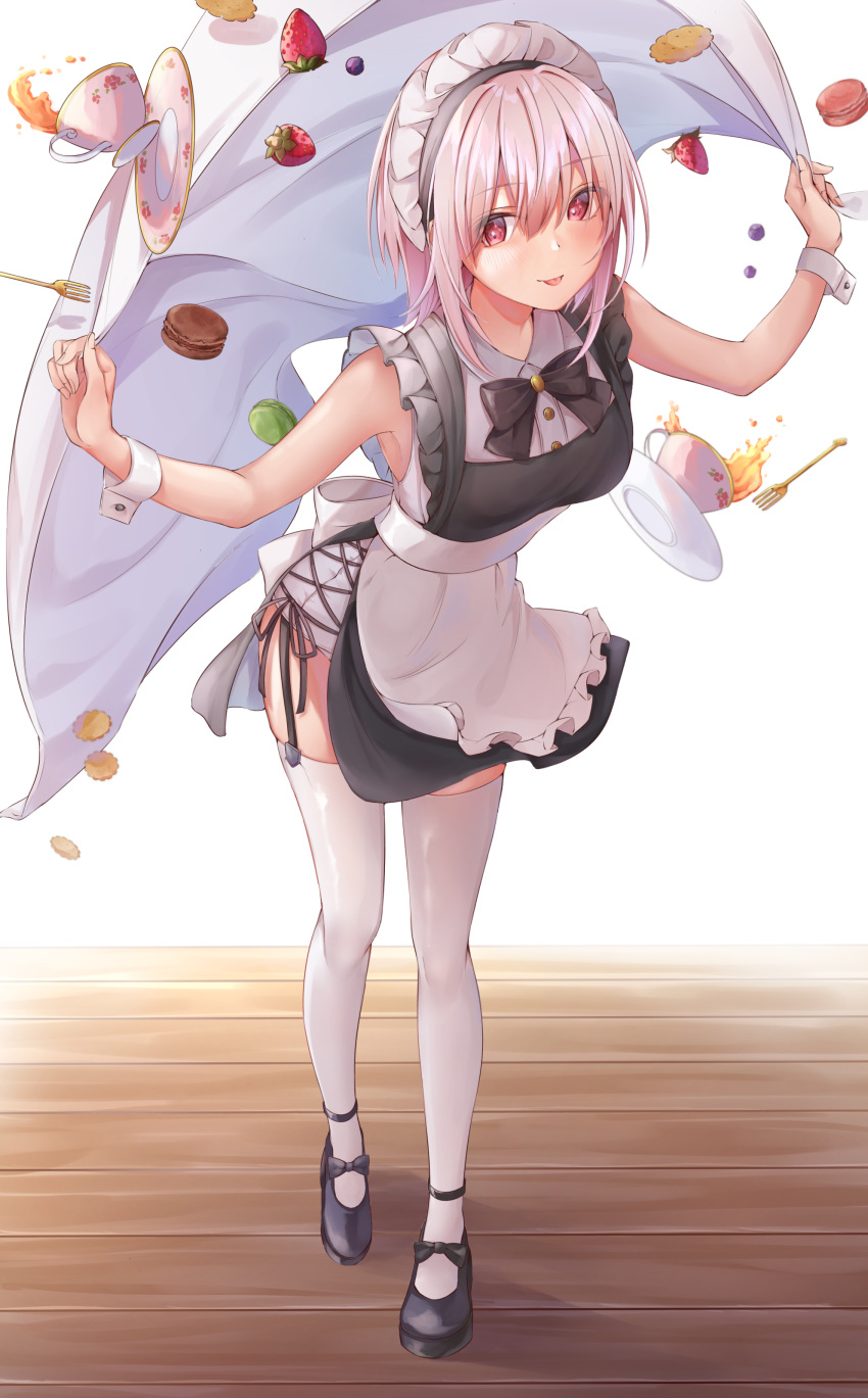 1girl :p absurdres apron bangs black_dress blush bow bow_footwear bowtie breasts cookie cross-laced_clothes cup dress falling food fork frilled_apron frills fruit garter_straps grapes hair_between_eyes hands_up highres holding looking_at_viewer macaron maid maid_headdress mary_janes old_school_swimsuit one-piece_swimsuit original poe_(528yuzunon) red_eyes school_swimsuit shoes side_slit sleeveless sleeveless_dress solo standing strawberry swimsuit swimsuit_under_clothes tablecloth tea teacup thigh-highs tongue tongue_out white_hair white_legwear white_swimsuit wooden_floor wrist_cuffs
