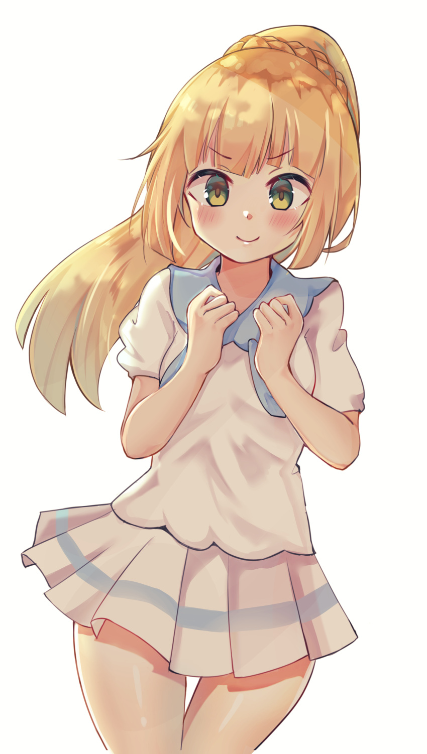 1girl absurdres bangs blonde_hair blush closed_mouth commentary eyebrows_visible_through_hair floating_hair green_eyes hands_up highres lillie_(pokemon) long_hair looking_at_viewer pleated_skirt pokemon pokemon_(game) pokemon_sm saki_(14793221) shiny shiny_skin short_sleeves simple_background skirt smile solo white_background