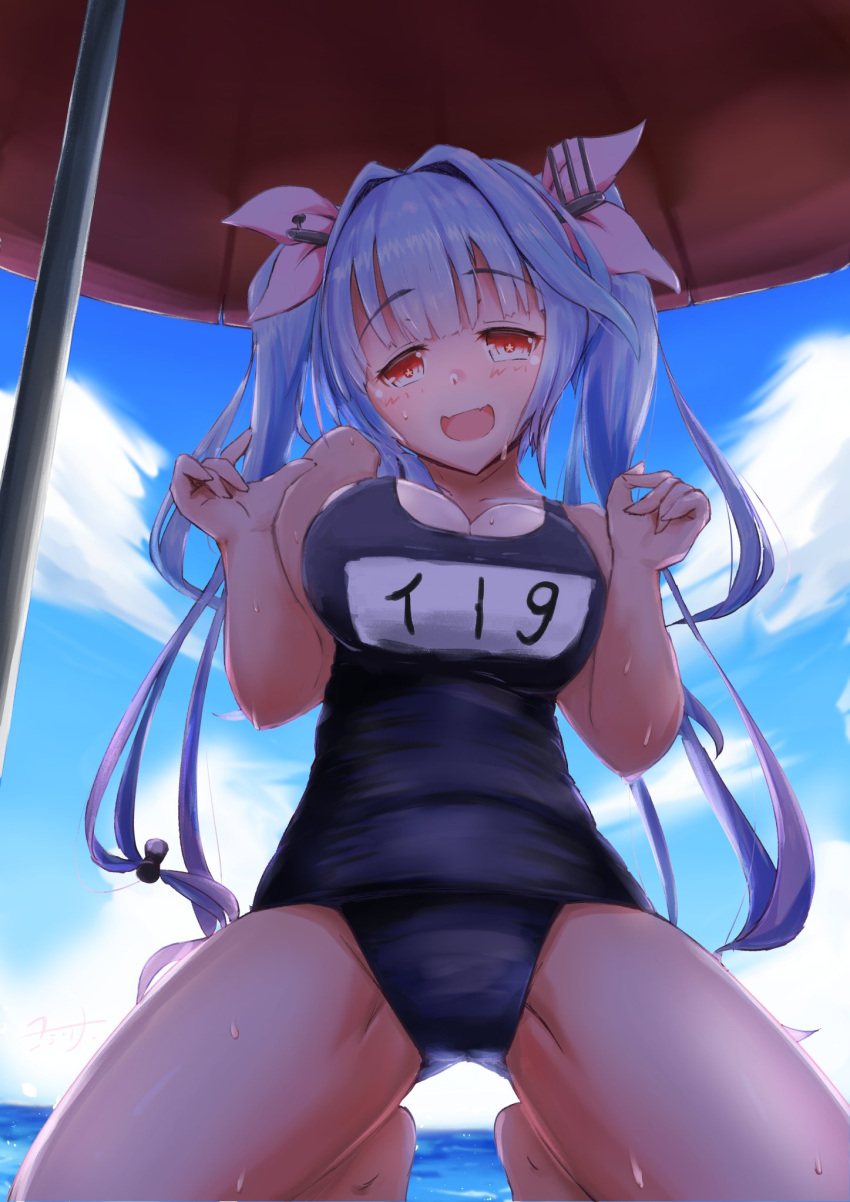 1girl beach_umbrella blue_hair blue_sky breasts clouds day fang from_below hair_ribbon highres horizon i-19_(kantai_collection) kantai_collection kneeling large_breasts long_hair looking_at_viewer name_tag ocean open_mouth outdoors pov red_eyes red_umbrella ribbon school_swimsuit shade skin_fang sky solo star-shaped_pupils star_(symbol) swimsuit symbol-shaped_pupils tri_tails umbrella yomitsuna