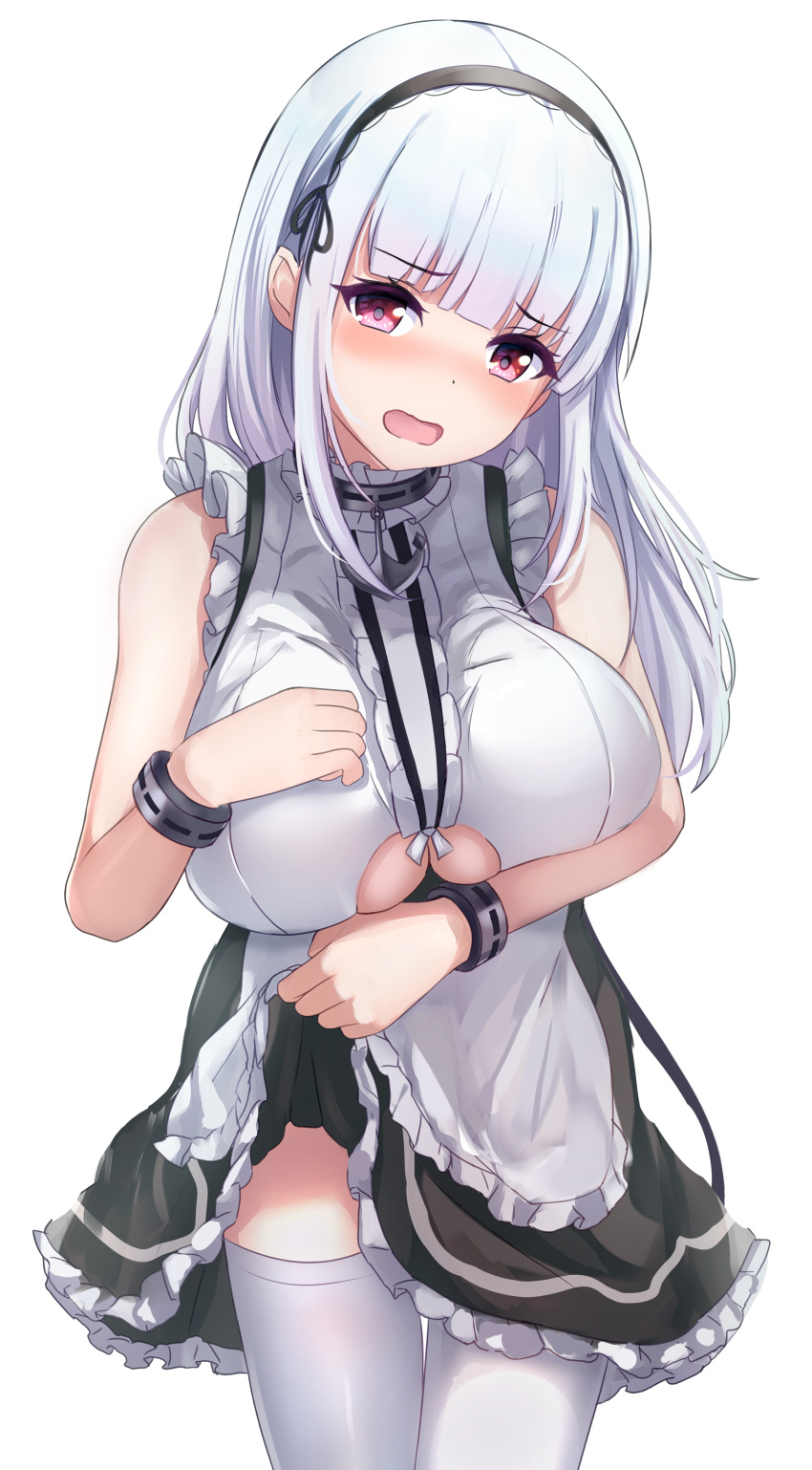 1girl absurdres apron azur_lane bangs bare_shoulders black_hairband blush breast_hold breasts clothing_cutout dido_(azur_lane) dress dress_lift eyebrows_visible_through_hair frills hairband hand_on_own_chest head_tilt highres huge_breasts lifted_by_self looking_at_viewer maid onikokko open_mouth pink_eyes silver_hair simple_background sleeveless solo standing thigh-highs thighs under_boob underboob_cutout waist_apron white_apron white_background white_legwear