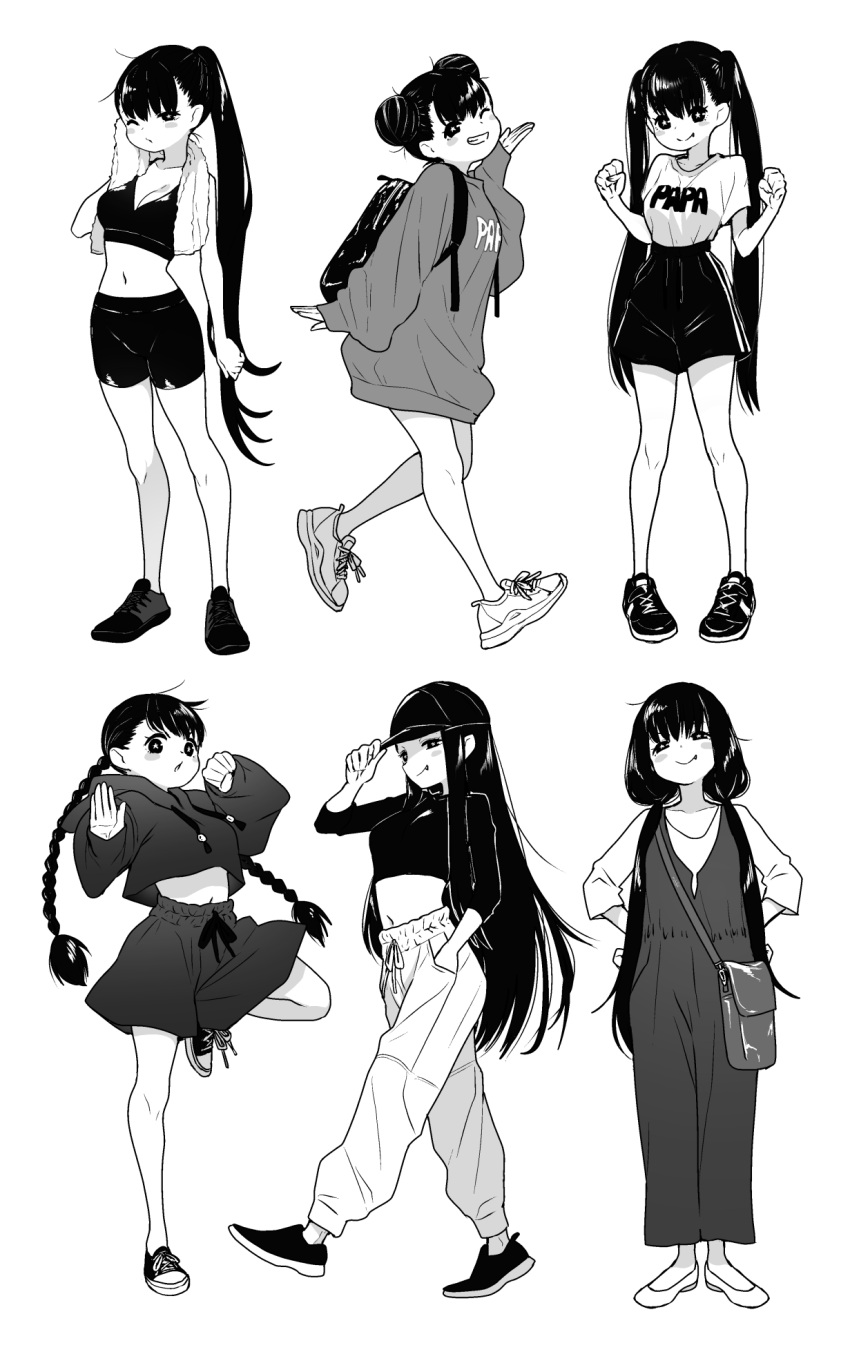 1girl backpack bag bangs blush_stickers braid breasts clenched_hands double_bun fang fang_out fumitan_(humitan) greyscale hand_in_hair hat highres hood hoodie leg_up long_hair looking_at_viewer midriff monochrome multiple_views navel original ponytail simple_background sleeves_past_wrists smile towel twin_braids twintails white_background