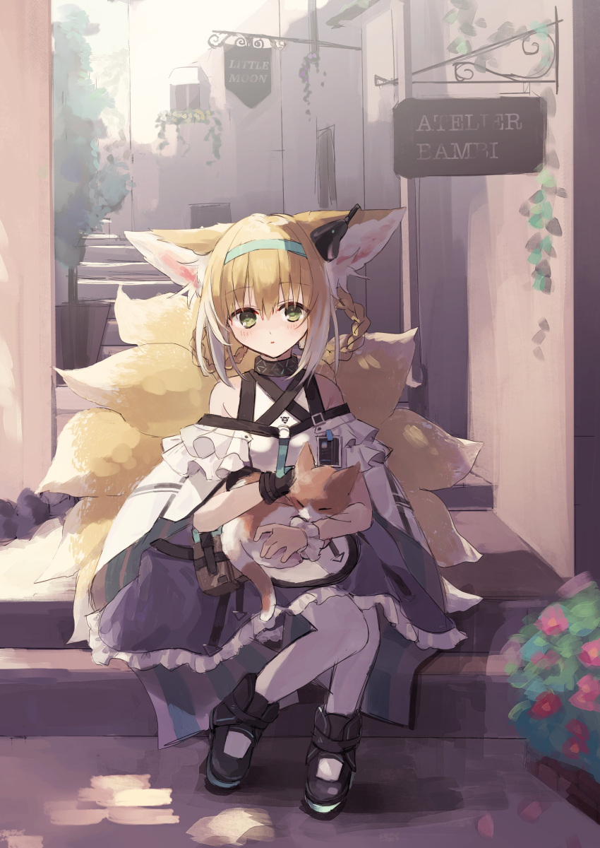 absurdres animal animal_ear_fluff animal_ears arknights bare_shoulders black_gloves blonde_hair blue_dress braid cat collar commentary dress earpiece eyebrows_visible_through_hair flower fox_ears fox_tail frilled_dress frills gloves green_eyes green_headband headband highres holding holding_animal holding_cat id_card kitsune kyuubi light_blush matsuzaka_(matsuzakagyu_29) multicolored_hair multiple_tails off-shoulder_dress off_shoulder open_mouth pantyhose petals pink_flower plant pouch shoes short_hair_with_long_locks sign single_glove sitting sneakers stairs strap suzuran_(arknights) tail two-tone_hair white_hair white_legwear wristband