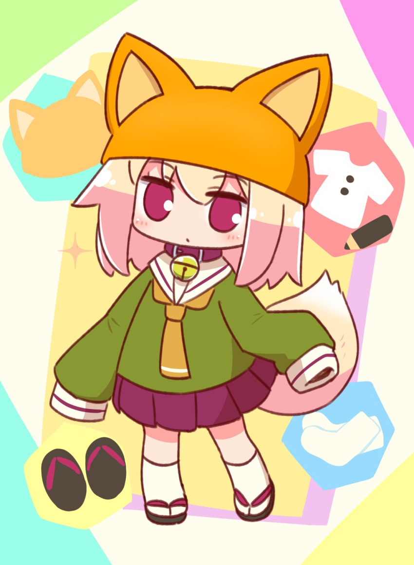 1girl animal_ears animal_hat bangs bell bell_collar black_footwear blonde_hair blush brown_collar brown_headwear closed_mouth collar commentary_request eyebrows_visible_through_hair fake_animal_ears fox_ears fox_hat fox_tail full_body green_shirt hair_between_eyes hat highres jingle_bell kemomimi-chan_(naga_u) kneehighs long_hair long_sleeves looking_at_viewer naga_u orange_neckwear original pleated_skirt purple_skirt red_eyes sailor_collar shirt skirt sleeves_past_fingers sleeves_past_wrists solo sparkle standing tail white_legwear white_sailor_collar zouri