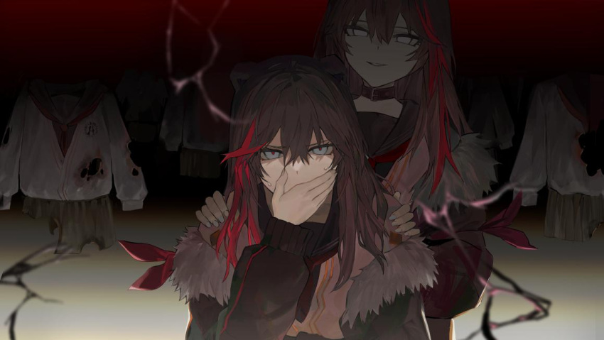 1girl arknights blood blood_stain brown_hair coat dark_persona dual_persona empty_eyes fingernails fur-trimmed_coat fur_trim hands_on_another's_shoulders koio multicolored_hair school_uniform streaked_hair torn_clothes zima_(arknights)