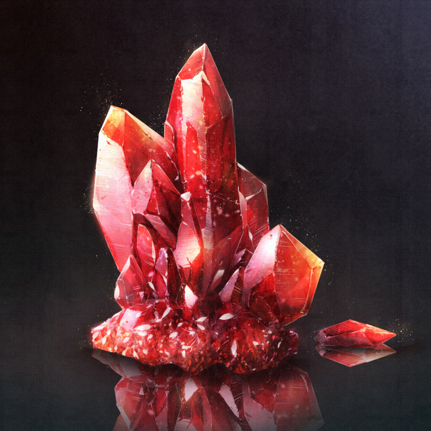 black_background cluseller commentary crystal highres light_particles no_humans original red_theme reflection ruby_(gemstone) simple_background still_life