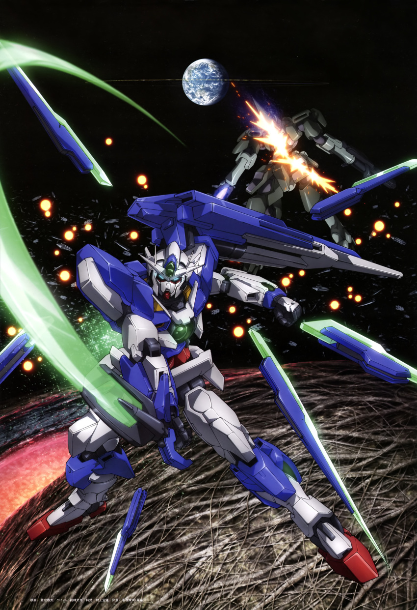 00_qan[t] absurdres attack clouds destruction earth explosion full_body funnels glowing gn-x_iv green_eyes gundam gundam_00 highres holding holding_sword holding_weapon light_particles looking_at_viewer mecha no_humans ocean official_art orbital_ring planet robot science_fiction shield slashing space sparks sword v-fin weapon