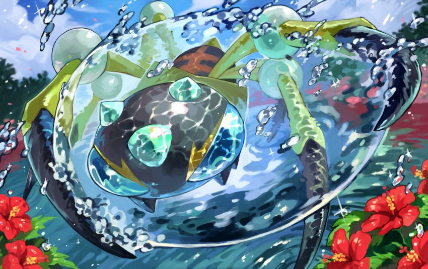 araquanid blue_eyes bug clouds commentary_request day flower gen_7_pokemon highres no_humans outdoors pokemon pokemon_(creature) red_flower sky solo sparkle tapioka_chaso water water_drop