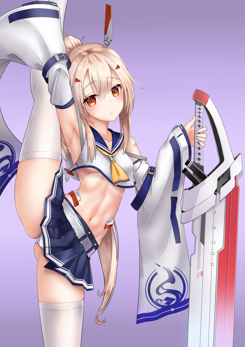 1girl absurdres arm_up armpits ascot ass ass_visible_through_thighs ayanami_(azur_lane) azur_lane bandaid bandaid_on_arm belt breasts collarbone commentary_request detached_sleeves eyebrows_visible_through_hair gradient gradient_background hair_between_eyes hair_ornament hairclip head_tilt headgear highres holding holding_sword holding_weapon hryeon leg_up long_hair looking_at_viewer midriff navel orange_eyes panties pantyshot pleated_skirt ponytail retrofit_(azur_lane) revision ribbon-trimmed_sleeves ribbon_trim school_uniform serafuku silver_hair simple_background skindentation skirt solo split standing standing_on_one_leg standing_split sword thigh-highs thighs under_boob underwear weapon white_legwear white_panties wide_sleeves zettai_ryouiki
