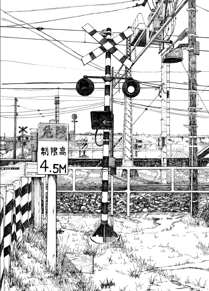 arrow_(symbol) cluseller commentary_request grass greyscale highres monochrome no_humans original outdoors pole power_lines railroad_crossing railroad_tracks scenery sign still_life translation_request