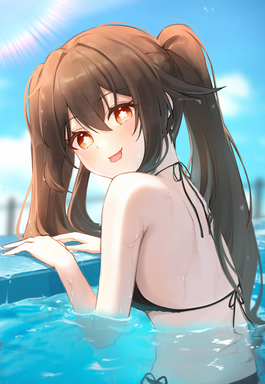 1girl bangs bare_arms bare_shoulders bikini black_bikini blue_sky blush brown_hair commentary_request day eyebrows_visible_through_hair flower-shaped_pupils from_side genshin_impact gya_(144) hair_between_eyes halter_top halterneck highres hu_tao_(genshin_impact) long_hair looking_at_viewer looking_to_the_side outdoors partially_submerged pool red_eyes side-tie_bikini sky solo swimsuit tongue tongue_out twintails upper_body water