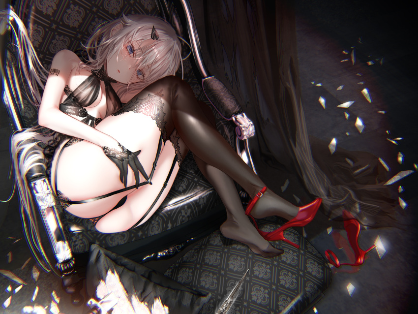 1girl 9a-91_(girls_frontline) absurdres alternate_costume ass bangs barcode black_dress black_gloves black_legwear black_panties blue_eyes breasts chair cushion dress garter_straps girls_frontline glass_shards gloves hair_between_eyes hair_ornament high_heels highres lace lace-trimmed_legwear lace_trim long_hair medium_breasts panties parted_lips pottsness red_footwear sitting solo thigh-highs twitter_username underwear white_hair