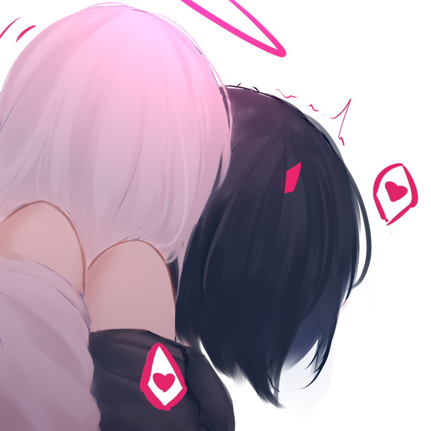 2girls bare_shoulders black_hair black_shirt dress from_side halo heart highres horns hug hug_from_behind multiple_girls original red_horns shimmer shirt spoken_heart trembling white_background white_dress white_hair yuri