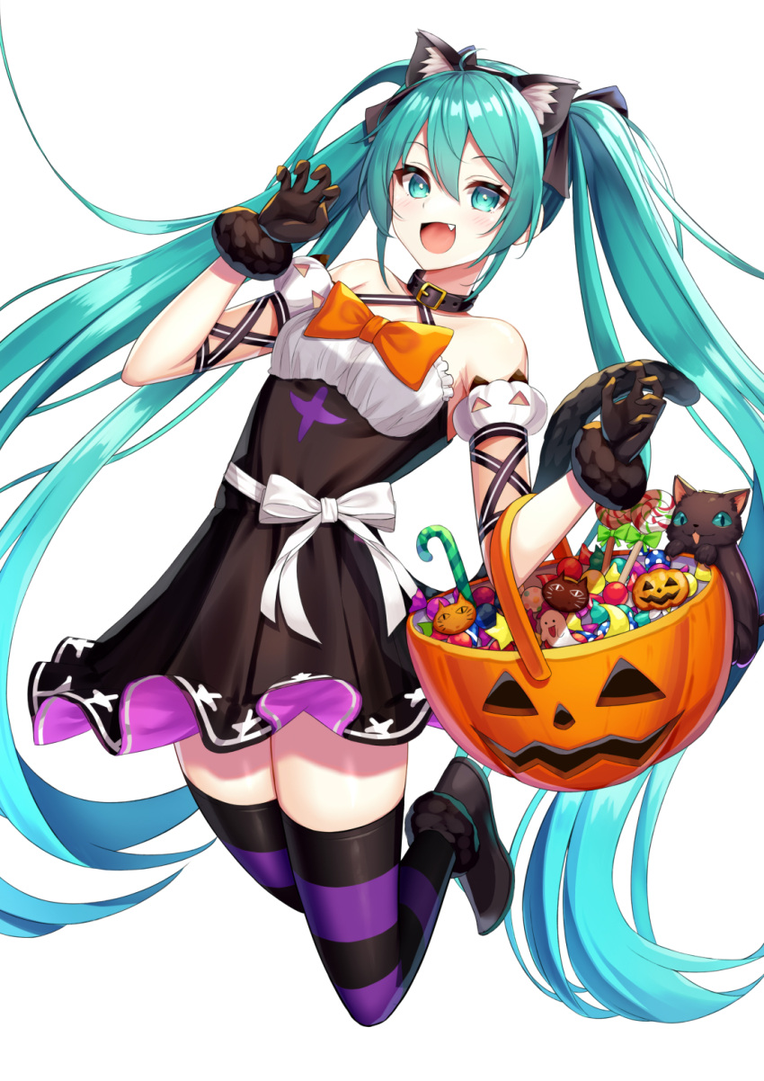 1girl :d alternate_costume animal_ears bangs bare_shoulders basket black_cat black_dress black_footwear black_gloves black_legwear bow breasts candy cat cat_ears cat_tail choker collarbone commentary_request detached_sleeves dress fake_animal_ears fake_tail fang feet_up food frills gloves hair_ribbon halloween hatsune_miku highres long_hair looking_at_viewer open_mouth orange_bow purple_legwear ribbon shoes simple_background smile solo striped striped_legwear tail tasuku_(user_fkzv3343) thigh-highs twintails very_long_hair vocaloid white_background zettai_ryouiki