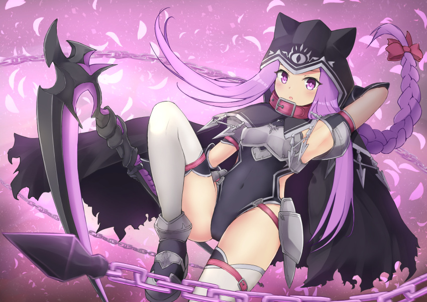 1girl arm_up armpits black_capelet black_cloak black_footwear black_gloves black_leotard boots braid breastplate capelet chain cloak collar covered_navel fate/grand_order fate_(series) gloves highres hood knee_up legs leotard long_hair medusa_(lancer)_(fate) purple_hair ribbon rider scythe solo thigh-highs thighs very_long_hair violet_eyes weapon white_legwear yachou_notori