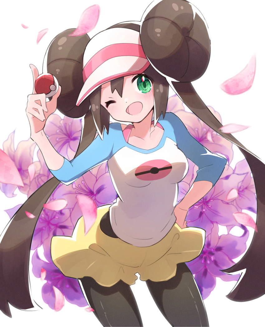 1girl absurdres black_legwear blush breasts brown_hair collarbone commentary_request double_bun flower green_eyes hand_on_hip highres holding holding_poke_ball huge_filesize kazuhiro_(user_aprk8784) leaning_forward legwear_under_shorts long_hair looking_at_viewer one_eye_closed open_mouth pantyhose petals poke_ball poke_ball_(basic) pokemon pokemon_(game) pokemon_bw2 raglan_sleeves rosa_(pokemon) short_shorts shorts smile solo tongue twintails very_long_hair visor_cap yellow_shorts