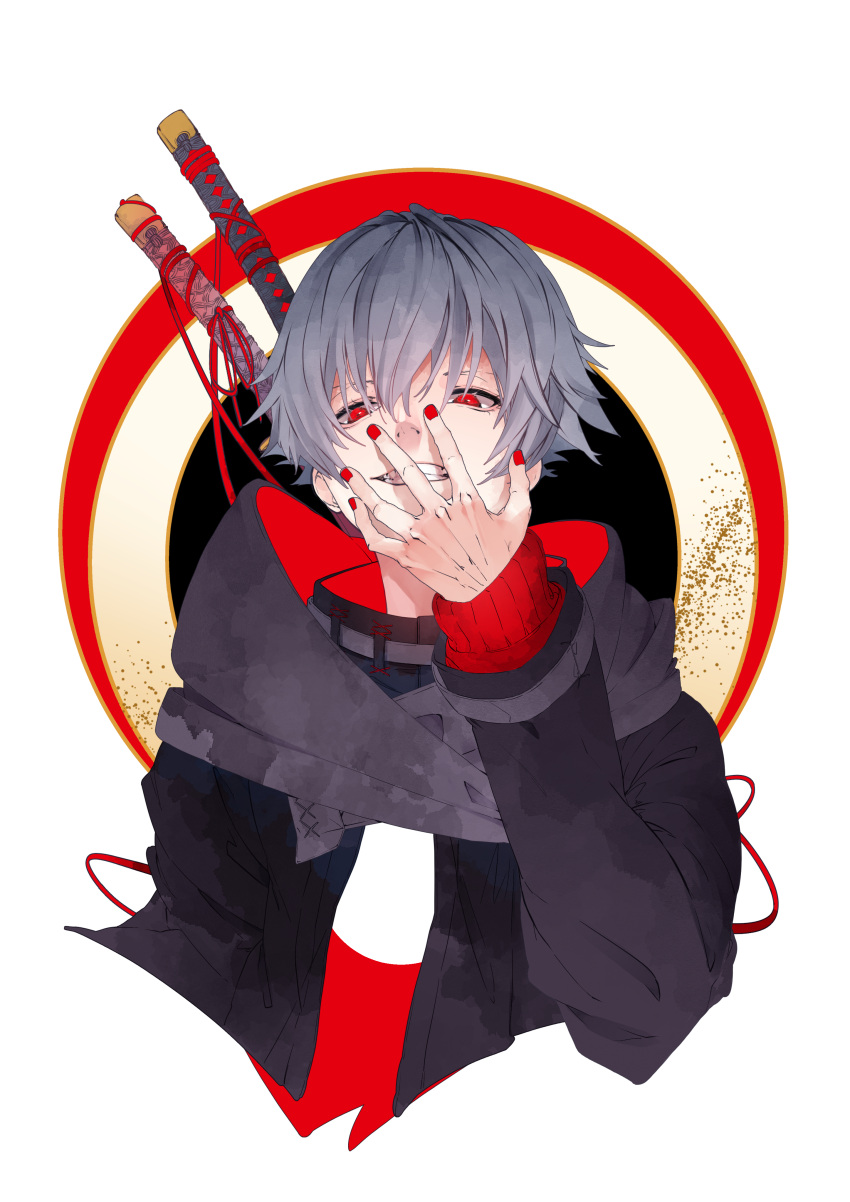 1boy absurdres black_theme fingernails grey_hair grin hair_between_eyes highres katana kiiro_(1718) male_focus original parted_lips red_eyes red_nails sleeves_past_wrists smile solo stain sword tachi_(weapon) weapon weapon_on_back